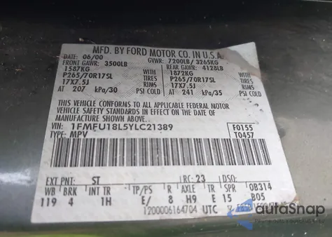 2000 Ford Expedition Eddie Bauer из США, поврежденный, VIN 1FMFU18L5YLC21389